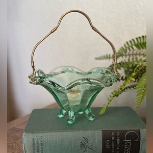 Vintage Imperial Green Glass Lace Edge Bowl w/ Brass Plate Detachable Handle
